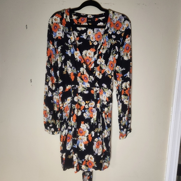 ASOS Floral Wrap Mini Dress Long-sleeve Sz 14 Viscose Tie Bow Black Tulip Skirt - Picture 4 of 8